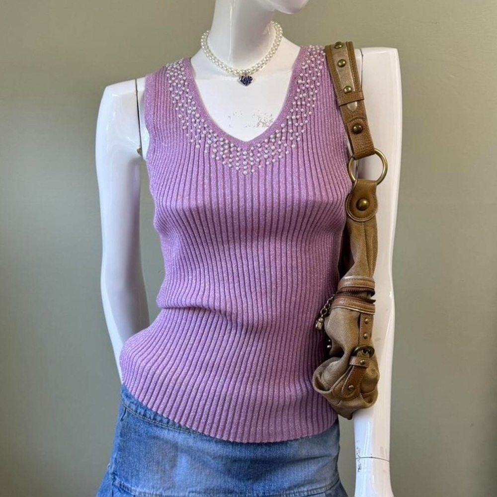 Y2K Pink Sparkle Ribbed‎ Knit Tank W Pearls Large